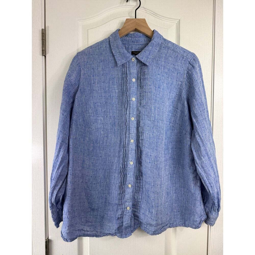 Talbots Woman Petites 1XP Blue 100% Linen Embroidered Button Front Shirt
